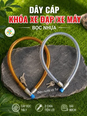 Khoá dây cáp bọc nhựa lớn 12ly kèm chìa khoá xe đạp xe máy khoá cửa chống trộm