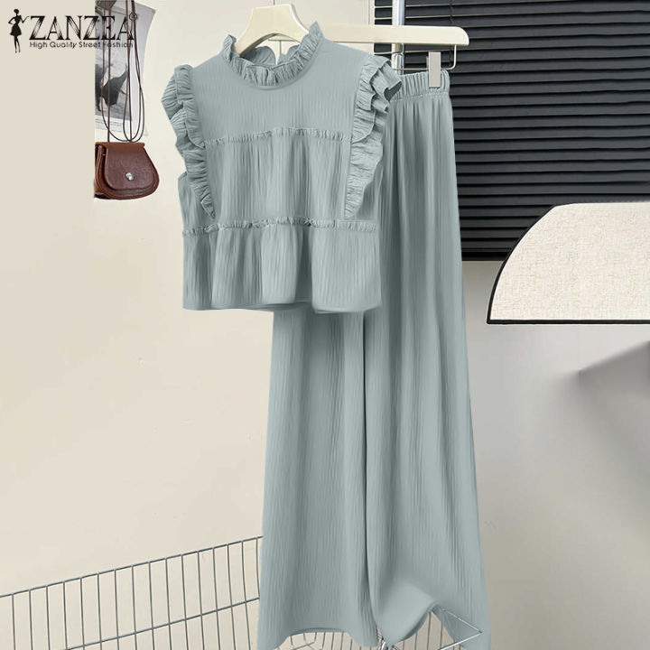 ZANZEA Women Holiday Fashion Crew Neck Sleeveless Ruffled Top Two-piece  Outfits Long Pants Solid Sets #0324 Lazada PH