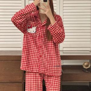 New Anime Sanrio Womens Pajamas Hello Kitty Kawaii Cartoon Loose Sleepwear Lapel Warm Pajamas Sets Clothes Girl Birthday Gifts