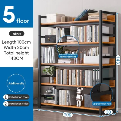 XUXU Wooden Bookshelf 6 Tier Rak Besi Modern House Metal Frame Rak Buku Living Room Storage Shelf Student Minimalist Display Stand Floor Standing 书架