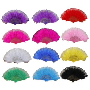 Ladies 1920s Styles Flapper Feathered Fan Folding Handheld Fan with Lace Designs for Weddings Halloween and Themed Event