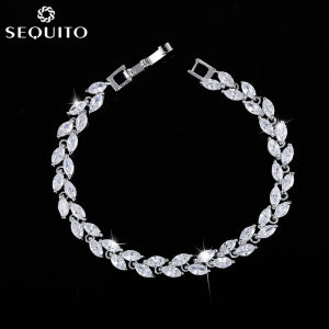 SEQUITO Hot Sale Elegant Fashion AAA CZ Stones Leaf Shape Bracelet for Party Women White Gold Plated Simple Style Bangle Jewelry (Free Extended Clasp) B051