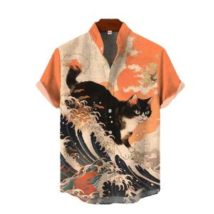ZEEMIN  New Mens Shirts Japanese Cat 3d Print Hawaiian Shirts Men Casual Short Sleeve Tops Fashion Oversized Men Lapel Button Up Shirt