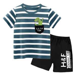 Setelan Kaos Salur Anak Laki Laki Baju Setelan Lengan Pendek Salur Pakaian Anak Laki Set Celana Cario Kids Motif DTF Dino Funi 1-10 Tahun