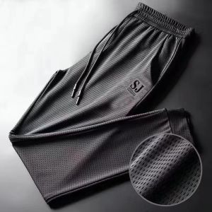 Summer Loose Men Pants Stretch Large Size Mesh Ice Silk Pants Thin Pure Black Print Bouquet Feet Casual Trousers Sweatpants