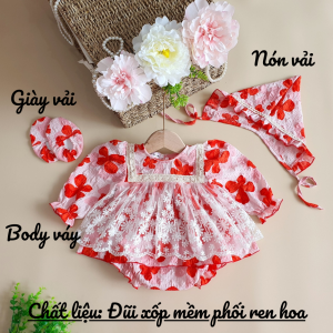 BD84 Body váy công chúa hoa đỏ RIOKIDS kèm nón cho bé gái sơ sinh mặc đi chơi thôi nôi đầy tháng sinh nhật Lễ Tết Giáng sinh siêu đáng yêu