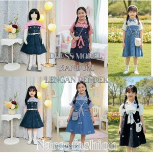 LARISYA Dress Jeans Motif Salur Anak Perempuan Usia 3-10 Tahun Free Tas Cantik DRES IMPOR / Dress Jeans Terbaru Anak Kekinian / Midi Dress Lengan Brokat Anak Perempuan Viral - COD Fashion