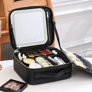 Make Up Bag With Mirror LED Light Cosmetic Bag Waterproof Large Storage Portable Rechargeable