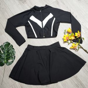 Bikini đồ bơi nữ đi biển 2 mảnh áo croptop dài tay kèm mút mỏng quần giả váy chất liệu thun lạnh thoáng mát BINSPORTS BHV196