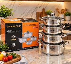 Original Vichelena Brand 12pcs or 8pcs Kitchen Cookware Induction Bottom and Bakelite Handle Stainless Set 5 Steps Bottom Heavy Duty Cookware Set with FREE Wooden Spatula and Multi Kitchen Cutter