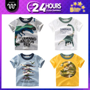 WEAREY Boy Korean Childrens New Cotton Short-sleeved T-shirt Clothing Cute Dinosaur Budak Lelaki Kanak-kanak Baru 2020 Baju Lengan pendek Pakaian Comel (White Grey Yellow blue)