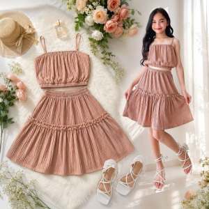 Milan Terno Skirt-Strappy Garter Top & Ruffle Layered Skirt for Kids Ages 7-12 Stretchable Bark Crepe Fabric Unique Stylish Design Comfortable to Wear