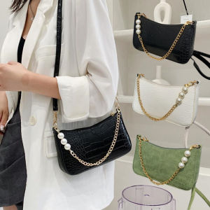 กระเป๋าสะพายไหล่ กระเป๋าสะพายไหล่ผู้หญิง กระเป๋าหนังฝรั่งเศสย้อนยุค ลายจระเข้ ประดับมุกและโซ่ กระเป๋าสะพายไหล่หญิง