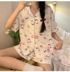 2Pcs Hello Kitty Woman Pajamas Set Anime Sanrio Kuromi Kawaii Cartoon Loose Sleepwear Pajamas Sets Girl Long Sleeves Home Wear