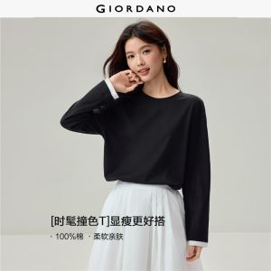 Giordano Beau Monde Women Contrast cuff long sleeve cotton knit tee Free Shipping 13326610