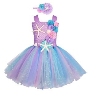Girls Princess Mermaid Dress Cosplay Ocean Themed Birthday Party Tutu Dress with Wig Halloween Carnival Costume for Kids Girls