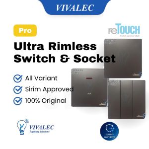 SIRIM Retouch Wall Switch and Ultra Rimless Socket Slim Modern Stylish Switch Design 1 to 4 Gang 13A 15A 20A 45A Door Bell Astro TV Telephone Grey