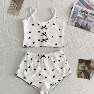 Sleepwear Womens Pajamas Set Heart Pajamas Heart Print Soft Ribbed with Flirty Frill Trim Casual Top and Shorts Sets Loungewear