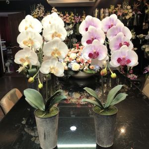 แจกันดอกกล้วยไม้ประดิษฐ์ กล้วยไม้ปลอมจัดในแจกันสังกะสี