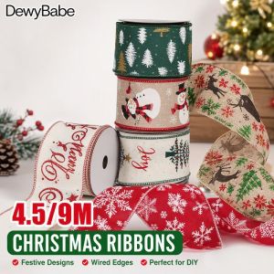 Christmas Wired Ribbon Roll Cartoon Print Polyester 4 5m 9m For Gift Wrap Tree Bows DIY