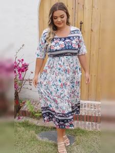 G72024 European and American Summer New Womens Round Neck Short Sleeve Long Dress Bohemian Print Dress for Women 7/7