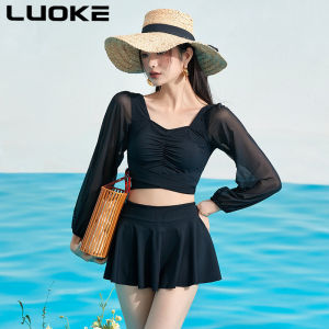 Luoke swimsuit women split Skirt Black Mesh Long Sleeve Square Neck Swimsuit conservative swimwear leisure swimming suit