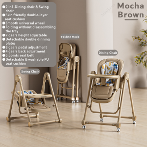MiniJones Swing & Feeding High Chair For Baby Multi-functional Kids Highchairs Foldable Adjustable Backrest Height Washable Seat