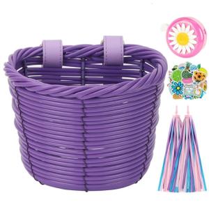Childrens Bicycles Front Basket Bike Bells Streamers Kids Bike Handlebar Wicker Basket Decoration with Sticker
