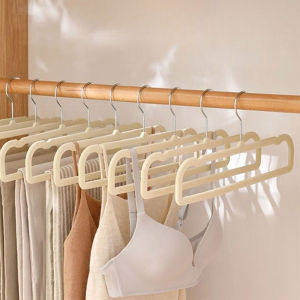 Pants Hanger Flocking Plastic Space Saving Anti Slip Short Neck Beige Cloth Drying Cloth Hanger Swivel Hook