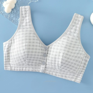 [For Mom] Front-Hook Cotton Underwear For Women Wire-Free Push-Up Bras Women Plus Size Cotton Front Button Plaid Bra