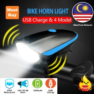 【ShopWithJoy】Rechargeable USB Bikes Cycling LED Light Bicycle Headlight with Horn Waterproof Flashlight Lampu Basikal