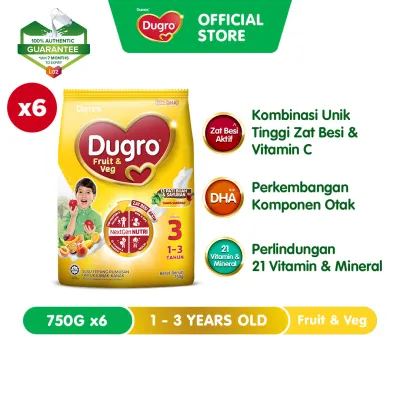 Dumex Dugro Step 3 Fruit & Veg Growing Up Milk Formula 1 - 3 years 750g X 6 (Susu Milk Powder 奶粉)