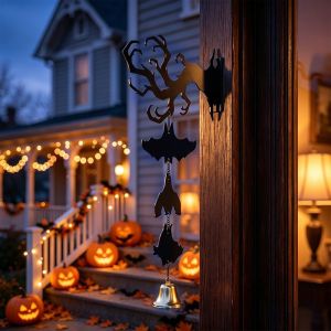 FORTUNESS 2D Flat Inverted Branch Bat Wind Chime with Bell Spooky Halloween Wind Chime Funny Gothic Style Hanging Bat Pendant Halloween
