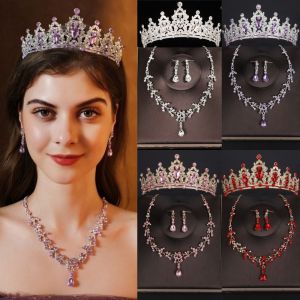 EXCES 3pcs/set Silver Color Bridal Jewelry Sets Luxury Crystal Tiaras Crown Necklace Earrings Hair Dress Accessories Headpieces Wedding Dubai Jewelry Set for Women