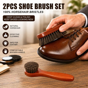2PCS Horsehair Shoes Brushes Kit Long Wood Handle Shine Shoe Polish Kit Boot Care Tools