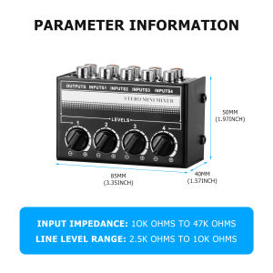 Mini Audio Mixer Stereo / Mono 4 Channel 1/4 Inch TSR/TS Audio Input Jack For Line Mixer Stereo/Mono Cutovers Compatible With Mic Guitars Volume Amplifier Knob Mix Audio Output To Small Mixer & Speaker