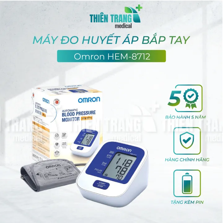 Máy đo huyết áp bắp tay Omron HEM-8712 (Trắng phối xanh) Thiên Trang Medical [TẶNG KÈM PIN]