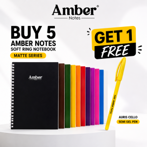 Amber Notes Matte Soft Ring Notebook Bundle (5 Designs) + 1 Cello Auris Semi Gel Pen | Minimalist Aesthetic Notebook
