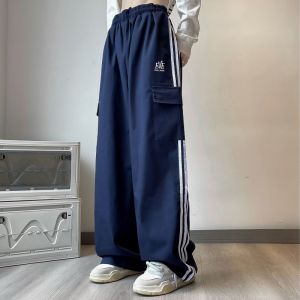 cargo pants plus size stripe overalls midwaist trouser wide cargo pants side pocket Sweatpants Elastic band hiphop style