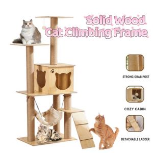 Pet Wonderland Solid Wood Cat Tree: Multi-Level Cat House & Cat Condo Climbing Frame