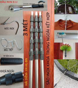 (CN3m)Sào rút inox đa nănggậy kéo dài như ýkéo ra thu gọn.móc cành câylấy quả trên caophơi đồtreo lồng chimquét trần nhà loại khóa ngoài và trong kết hợp