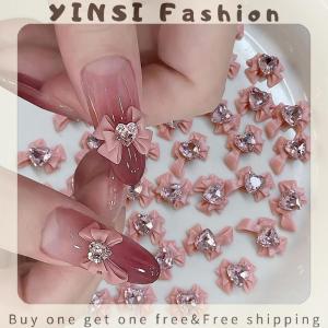 YINSI 10pcs 3D Resin Bowknot Nail Charms Pink Ribbon Bow Rhinestone Jewelry Parts Manicure Decor DiIY Salon Accessory Gift