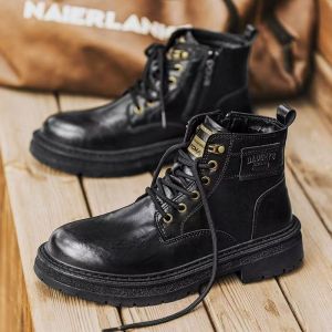 ZEEMIN Mens Autumn Winter Leather High Top Work Boots Thick Sole Non Slip Waterproof Lace Up Round Toe British Style Motorcycle Boots