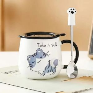 2026 Pink White Black Cat Ceramic Mugs with Lids Spoons Cute Girl Heart Couple Coffee Cups Holiday Gifts Drinkware Water Bottle