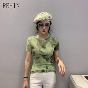 REHIN Womens top Swoosh Mesh Short Sleeve T-shirt Round Neck Slim Fit Elegant Blouse