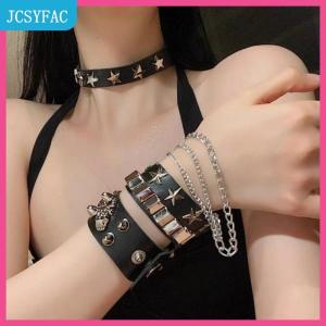 JCSYFAC  Punk Gothic sọ Vòng đeo tay chuỗi kim loại gai đinh tán PU da dây đeo cổ tay Cuff Bangle rộng Cuff Vòng đeo tay phụ nữ người đàn ông đồ trang sức