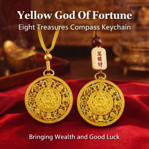 Yellow God Of Fortune Eight Treasures Compass Keychain Fengshui Lucky Charm Attracting Fortune And Prosperity Car Pendant 黄财神八宝罗盘钥匙扣