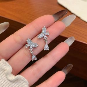 XUANY Crystal Butterfly Droplet Earrings Sweet Light Luxury Ladies Ear Accessories Elegant Temperament Zircon Ear Stud Wedding