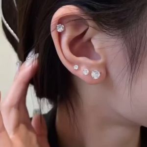Titanium Steel Ear Studs Set with Zircon Flat Bone Studs for Men and Women Super Shiny Fashion Earrings