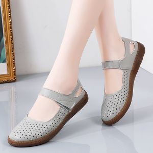 [Free Shipping] Womens Comfortable Soft Leather Shoes with Rubber Sole Hollow Flat Sandals Leather Shoes